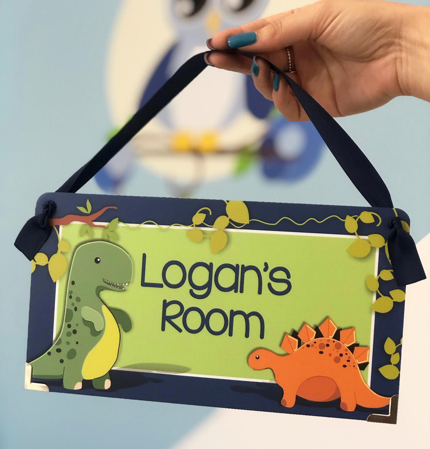 Name Plaque For Boys Bedroom Blue And Green Cute Dinosaurs Theme