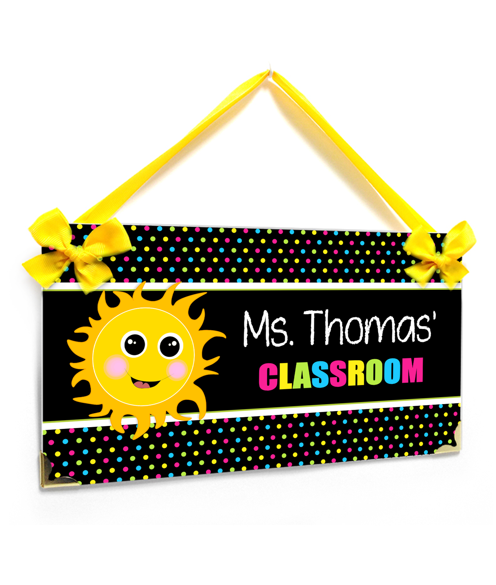 Customized Teacher Name Door Sign Black with a cute yellow sun and