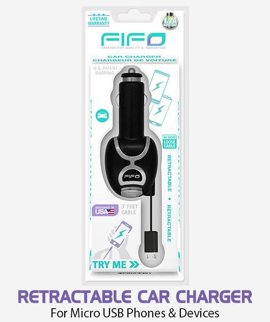 Carregador de isqueiro retrátil para micro USB 